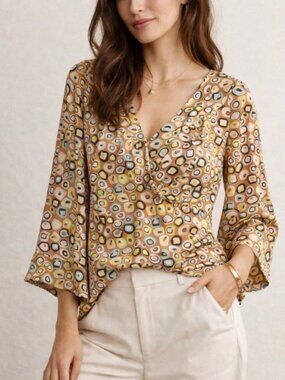 DvF Retro Geometric Block Print V-Neck Tunic Blouse